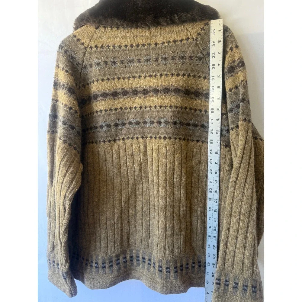 Mac & Jac Mens XL Shetland Wool Mohair Fair Isle Cardigan Faux Fur Collar Olive
